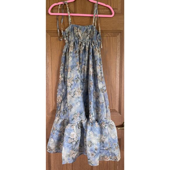 NWT XXS Floral Blue Below the knee length chiffon dress with liner & adj straps - Picture 2 of 3